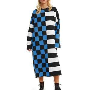 New Medium Oversized, Color Block, Crewneck Knit Midi Sweater Dress